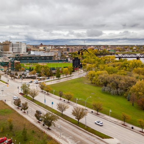 The Forks — Winnipeg, MB An aerial look at Shaw Park and surrounding areas in downtown Winnipeg during autumn