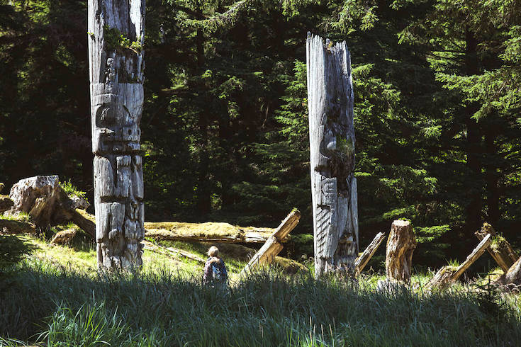 Totems at SGang Gwaay Llanagaay, Gwaii Haanas National Park Reserve and Haida Heritage Site, Haida Gwaii