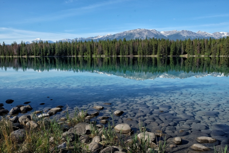 irror reflection at Annette Lake in Alberta, Canada in Jasper National Park