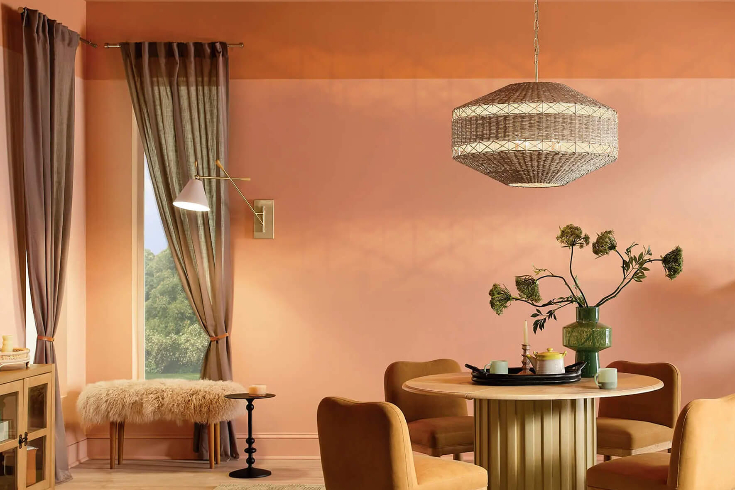 A living room with a burnt orange colour on the wall and a natural lighting fixture