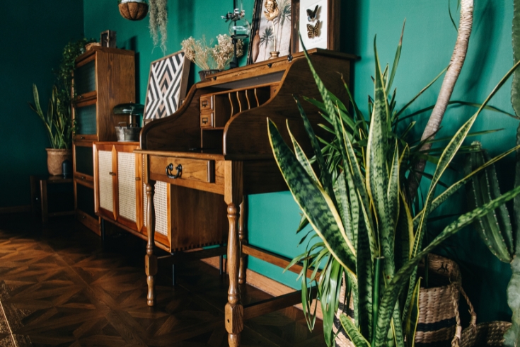 A stylish loft living room interior with brown coloured rattan furniture and wooden elements with dark green coloured wall. Decorated with plants and art pieces.