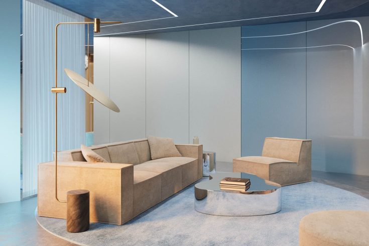 A modern low-profile couch in a neutral colour