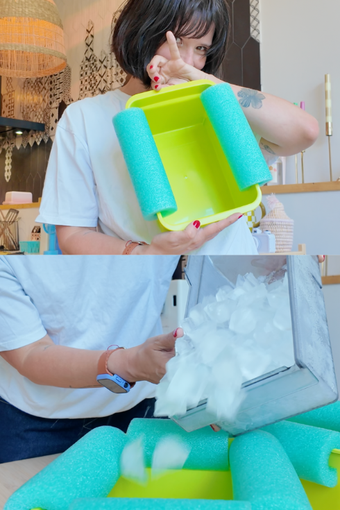 Adding ice to two floating containers with pool noodles