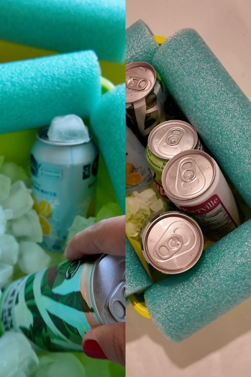 floating pool noodle cooler with many drinks inside and ice