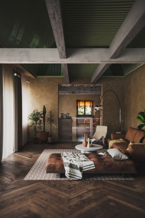 Living room interior in warm tones.