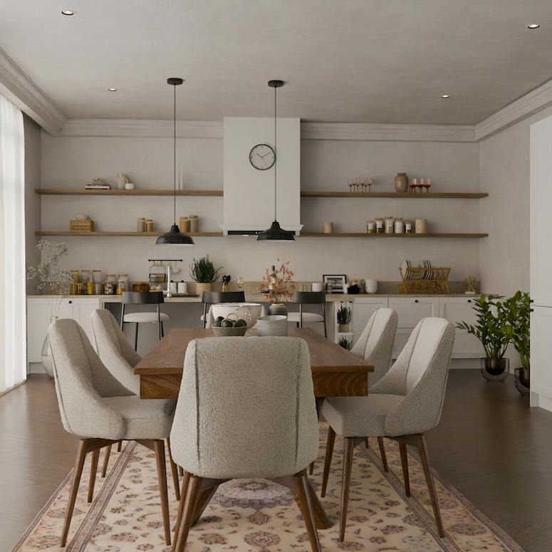 Cashmere kitchen trend shown with this Bright Apartment with a Black Fireplace for HOME Network