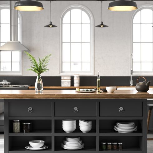 Create Built-In Storage Black industrial kitchen.