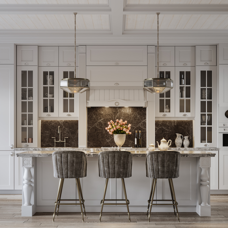 Kitchen and dining area with bar seating and grey paint