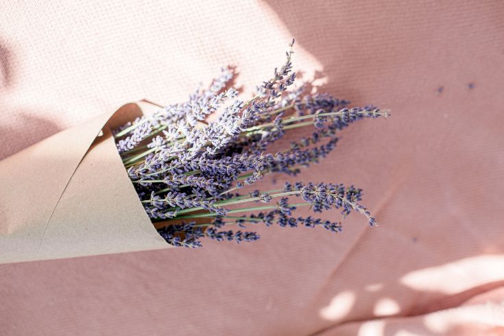Lavender bundled in brown paper, lying against a pink table bathed in sunlight.