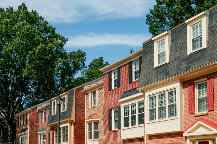 High section of a row of townhouses in residential district