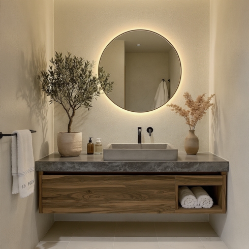 A bathroom with wooden cabinet and round, illuminated mirror.