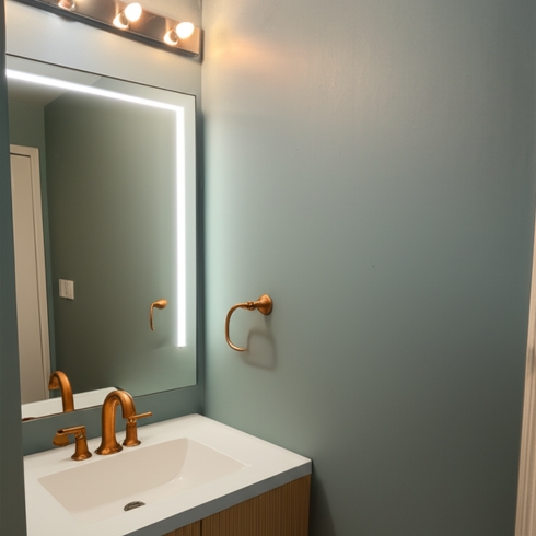 Simple bathroom painted in light sage green with white sink and copper faucet.