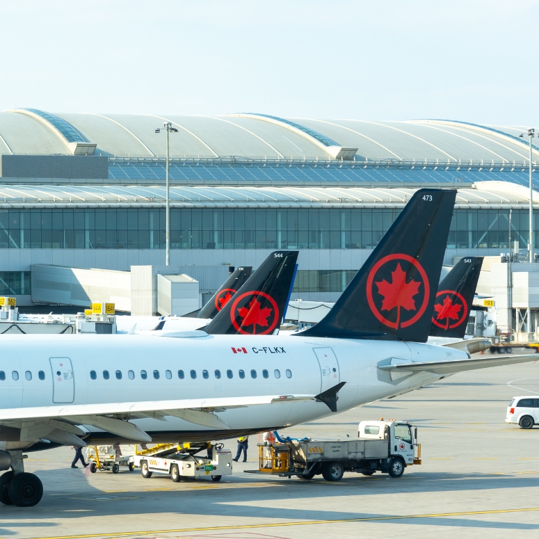 Air Canada aircrafts parked at Pearson International Airport in Mississauga, Ontario.
