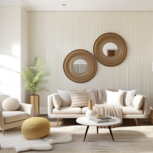 AI rendering of a beige, cashmere living room with cozy white couch and pillows.