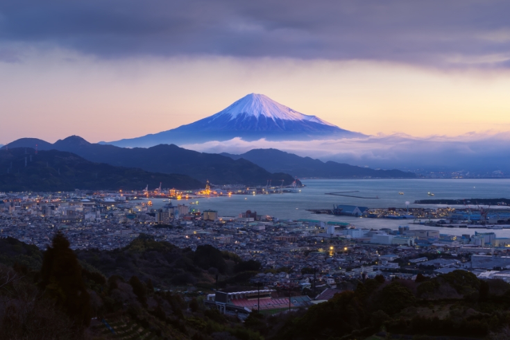 Mt Fuji and Shimizu Port. Lake Kawaguchi is one of the five lakes in the northern Fuji area.