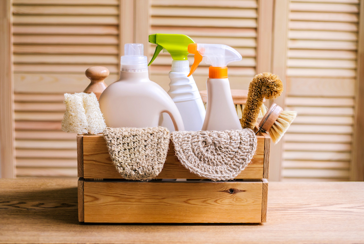Cleaning eco set for different surfaces in home. Front view.