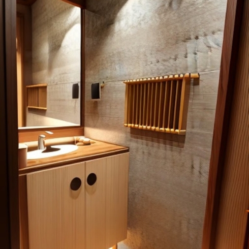 AI rendering of a Japanese style bathroom with wooden features.